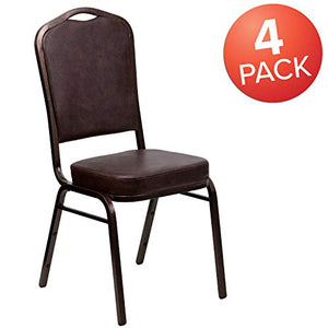 EMMA + OLIVER Crown Back Stacking Banquet Chair 4 Pack in Brown Vinyl - Copper Vein Frame