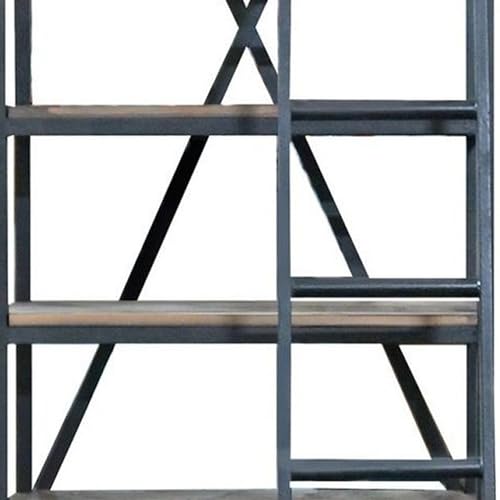 Benjara 97 Inch 2 Drawer Bookcase with Ladder, 5 Shelves, Distressed Iron, Black and Brown