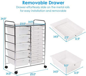 SPSUPE 15-Drawer Multipurpose Rolling Storage Cart with 4 Universal Wheels, Clear