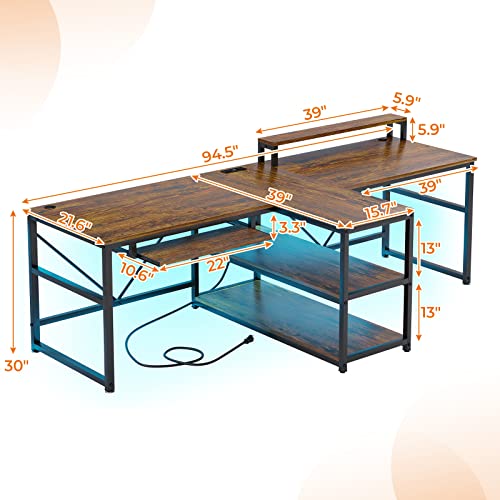 SEDETA 94.5" Home Office Gaming Desk with Storage, LED Lights, Power Strip, Keyboard Tray & Monitor Stand, Rustic Brown
