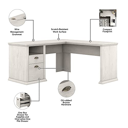 Bush Furniture Yorktown 60-Inch Corner Desk with Hutch, Linen White Oak
