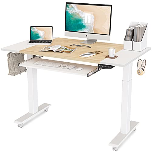 FEZIBO Dual Motor Height Adjustable Electric Standing Desk, 48 x 24 Inch Full Sit Stand Home Office Table with Splice Board, White Frame/White and Natural Top
