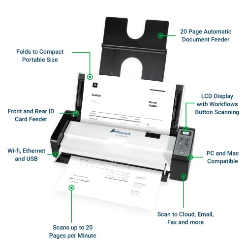 Raven Compact Document Scanner - Wireless Duplex Scanning, Mac/Windows Compatible