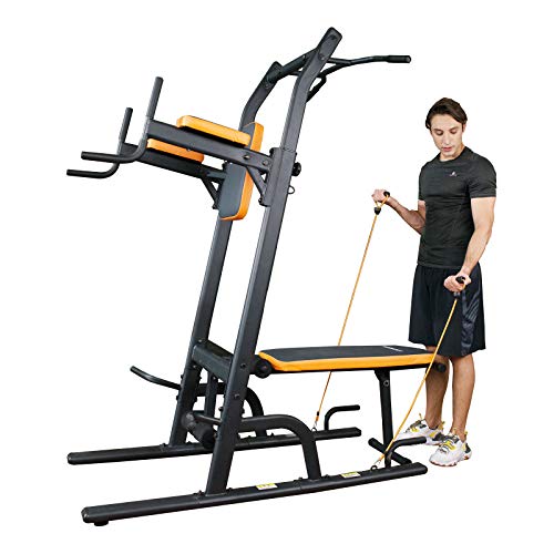 Power Tower Dip Station Multi-Function Pull Up Bar with Bench Adjustable Height Strength Training Exercise Equipment for Home Gym