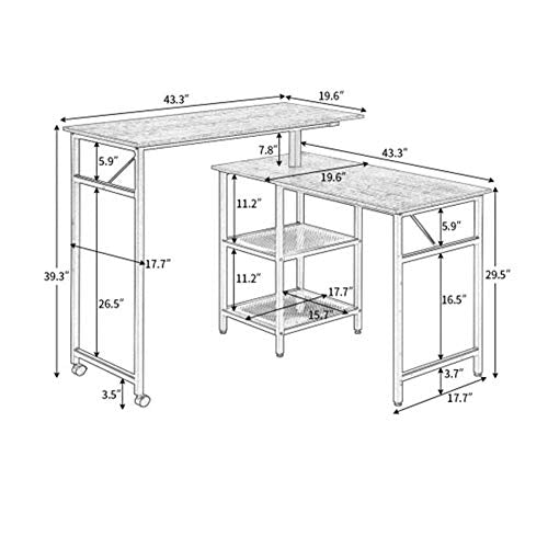 L-Shaped Home Office Rotating Standing Computer Desk, Modern Office Study Workstation, Industrial 360 Degrees Free Rotating Corner Computer Desk with Storage Shelf for Small Spaces (Brown)