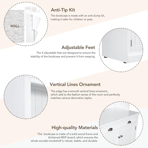 Merax Tall Storage Bookshelf Bookcase Set with LED Lighting, Doors, Drawer, Open Shelves - White