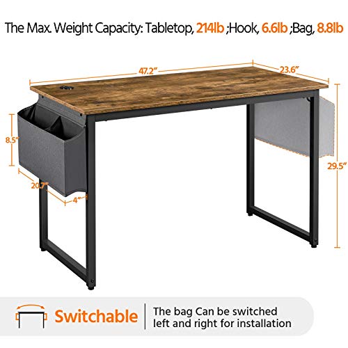 YAHEETECH Home Office Desk & Chair Set 47" Industrial Computer Desk with Storage Bag, Ergonomic Mesh Office Chair Ergonomic Desk Chair Mid-Back Big Computer Chair, Rustic Brown & Black
