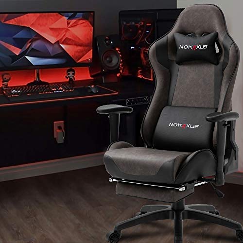 Nokaxus Office Chair Computer Gaming Chair with Massage Lumbar Support and Retractible Footrest PU Leather 90-180 Degree Adjustment of Backrest (YK-6008-BROWN S1)