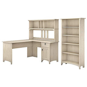 Bush Furniture Salinas L Shaped Desk with Hutch and 5 Shelf Bookcase, 60W, Antique White