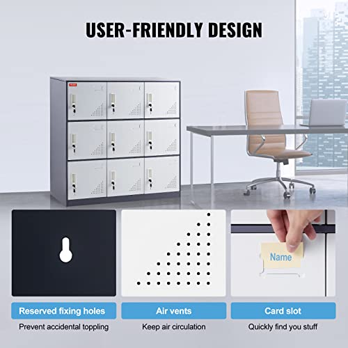 VEVOR Metal Employee Locker, 9 Doors Storage Cabinet with Card Slot, Gray Steel, Keys, 66lbs Capacity