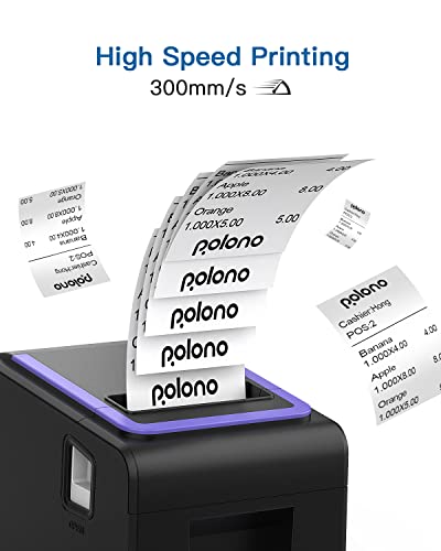 Receipt Printer, 3 1/8" 80mm POLONO PL330 Direct Thermal Receipt Printer, 300mm/s Bluetooth Receipt Printer with Auto-Cutter for ESC/POS Compatible with Windows Android iOS Bluetooth Serial USB