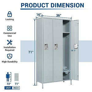 Fesbos 72" Metal Locker for Employees - 3 Door Gray Steel Storage Cabinet