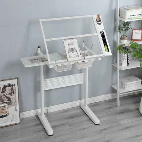 Aursrenty Drafting Table with Stool and Tilting Tabletop - Art Craft Desk with Drawers