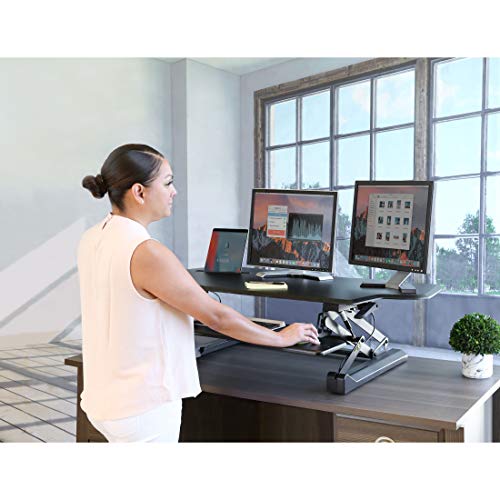 Seville Classics OFF65878 AIRLIFT 47" Extra-Wide Gas-Spring Height Adjustable Standing Desk Converter Workstation Ergonomic Dual Monitor Riser with Keyboard Tray and Phone/Tablet Holder, Large, Black