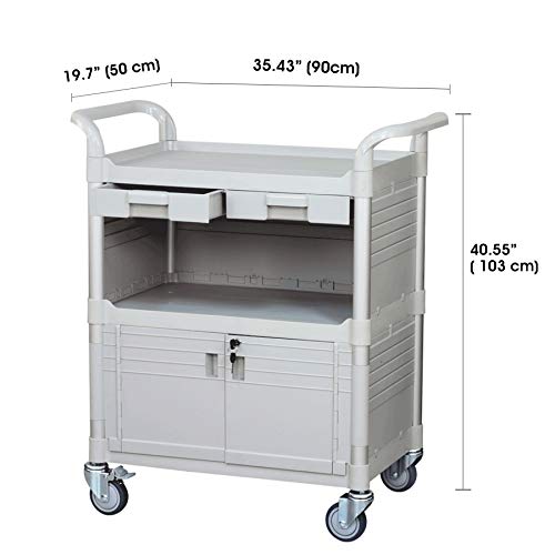 JaboEquip Heavy Duty Lockable Hospital Cart, 3 Shelf Utility Cart 606 lbs, L34.43xD19.69xH40.55 inch, Off-White Color