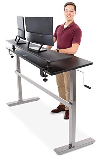 Stand Steady Tranzendesk 55 in Standing Desk with Clamp On Shelf | Easy Crank Height Adjustable Stand Up Workstation w/Attachable Monitor Riser | Holds 3 Monitors & Adds Extra Desk Space (55/Silver)