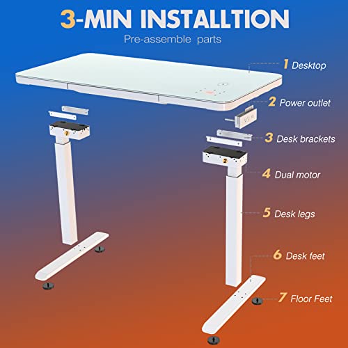 ADOFFUR Dual Motor Glass Standing Desk with Drawers, White Electric Stand Up Desk