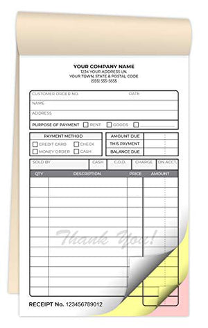 Custom Carbonless Invoice Form Books 4.25 x 7 Inches - NCR 3-Part Staple Bound Pads with Manila Cover Personalized with Company Name and Number Printed (3-Part [White/Yellow/Pink], 3000 Qty)