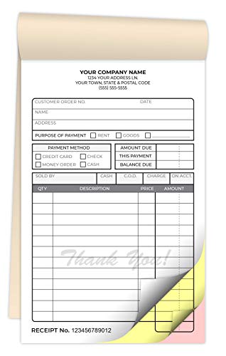 Custom Carbonless Invoice Form Books 4.25 x 7 Inches - NCR 3-Part Staple Bound Pads with Manila Cover Personalized with Company Name and Number Printed (3-Part [White/Yellow/Pink], 3000 Qty)