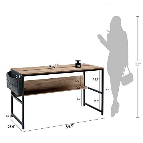 Linsy Home Computer Desk with Bookshelf and Storage Bag, 55 Inch Study Writing PC Laptop Table, Home Office Desk, Modern Simple Design, Wood
