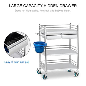 TILFI Stainless Steel 3-Tier Utility Rolling Cart with Drawer and Handle