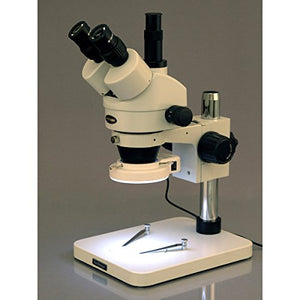 AmScope SM-1TSZZ-144S-10M Digital Professional Trinocular Stereo Zoom Microscope, WH10x and WH20x Eyepieces, 3.5X-180X Magnification, 0.7X-4.5X Zoom Objective, 144-Bulb LED Ring Light, Pillar Stand, 110V-240V, Includes 0.5X and 2.0X Barlow Lenses and 10MP