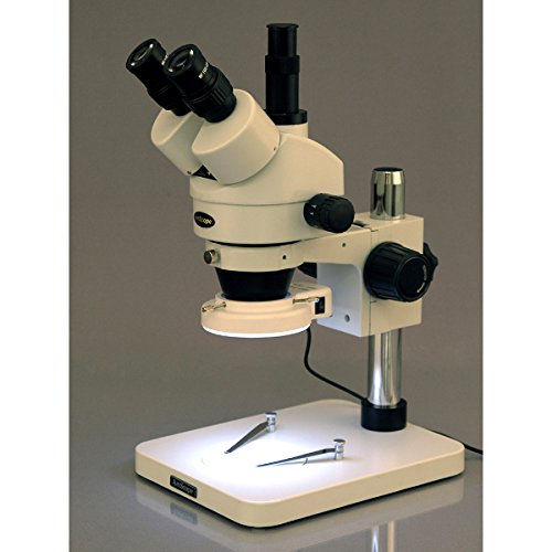 AmScope SM-1TSZZ-144S-10M Digital Professional Trinocular Stereo Zoom Microscope, WH10x and WH20x Eyepieces, 3.5X-180X Magnification, 0.7X-4.5X Zoom Objective, 144-Bulb LED Ring Light, Pillar Stand, 110V-240V, Includes 0.5X and 2.0X Barlow Lenses and 10MP