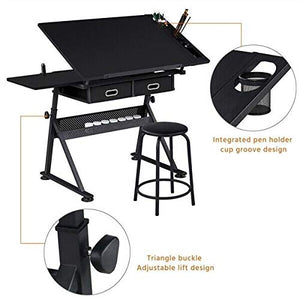 DXXWANG Draft Craft Table Drawing Art Desk for Artist with Adjustable Table Angles Black