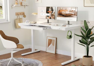 YDN Electric Glass Standing Desk with Drawers, 48 x 24 Inch, Adjustable Height, USB Ports - White