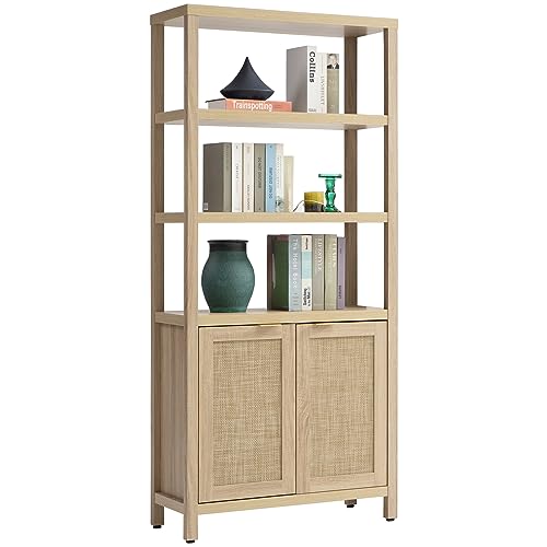 SICOTAS 5 Tier Rattan Boho Bookshelf with Doors - Natural