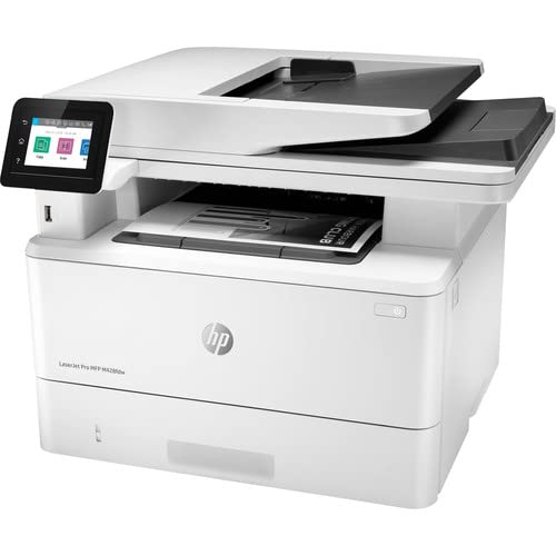 Hewlett Packard Laserjet Pro MFP M428fdw Wireless Monochrome All-in-One Printer, Copier, Scanner, Fax, W1A30A#BGJ with Power Strip Surge Protector + Electronics Basket TM Microfiber Cleaning Cloth