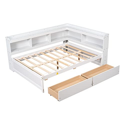 HomSof Full-L White Bed with L-Shaped Bookcases and Drawers