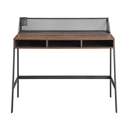 Walker Edison Industrial Mesh Wood Laptop Computer Writing Desk Home Office Workstation Small, 42 Inch, Dark Walnut Brown