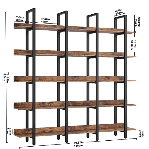 IRONCK Triple Wide 5-Tier Bookcase and Bookshelves with Back Fence, Vintage Brown