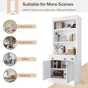 Holaki Tall Bookcase Suite with Doors and Drawer, Modern Storage Cabinets, 2-Piece Set with LED Lighting, White