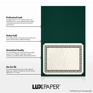 LUXPaper Certificate Holders for 8 1/2 x 11 Certificates or Documents in 100 lb. Green Linen, Display Folder for Paper Awards, 250 Pack, Holder Size 9 1/2 x 12 (Green)
