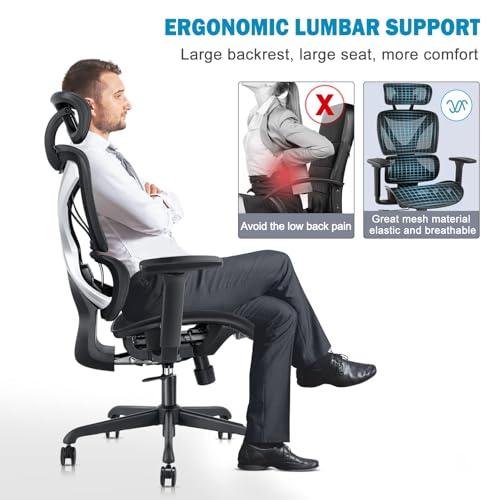 GABRYLLY Ergonomic Office Chair with Lumbar Support, Adjustable 3D Arms, Reclining, Headrest & Large Seat - Grey