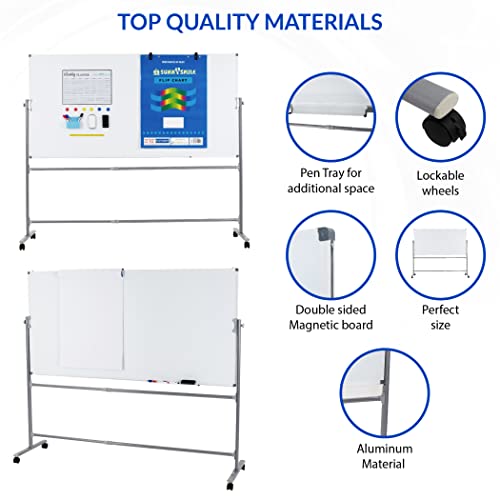 OCNBLU Mobile White Board 72"x36" - Magnetic Dry Erase Board with Lockable Wheels - Multipurpose Double-Sided Board for Home, Office, Classroom Use - Adjustable Height, Fixed Angle, 360-Degree Flip