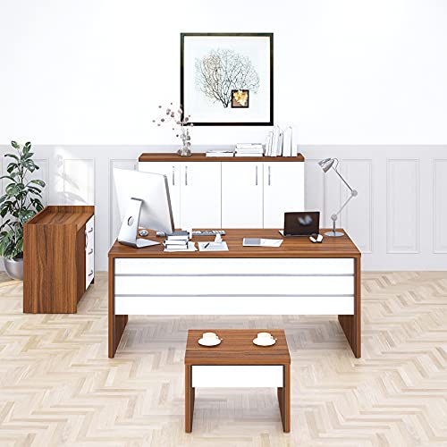 Casa Mare 71" Executive Office Furniture Set | Made of Wood | Home Office Modern Business Suite | 4-Piece Including Long Desk with Drawers, Coffee Table and Large Storage Cabinet | White & Brown
