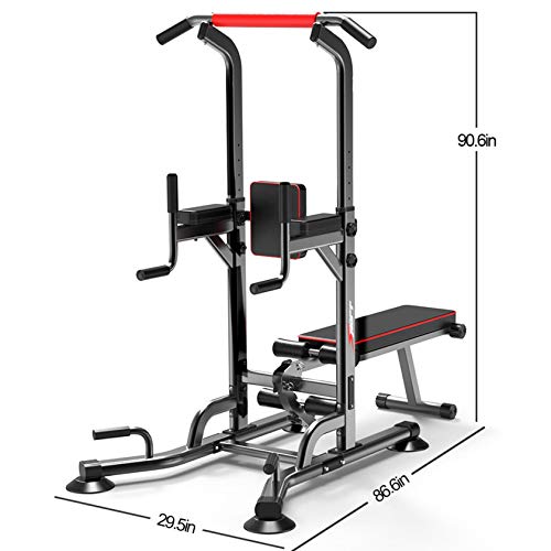 AMZFDC Power Tower Pull Up Bar Dip Station Adjustable Height Strength Training Workout Equipment with Dumbbell Bench for Home Gym