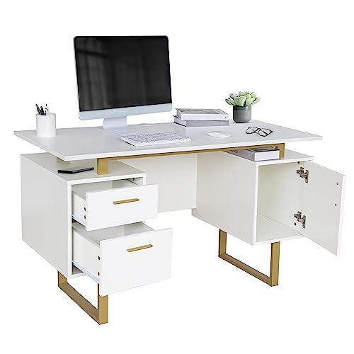 Techni Mobili Modern Office Desk with Storage Drawers and Cabinet, White/Gold