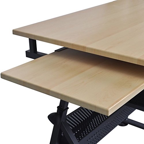 vidaXL Height Adjustable Drafting Draft Desk, Drawing Table Desk, Tiltable Tabletop w/Stool and Two Drawers, for Reading, Writing Art Craft Work Station, 46.5 x 24.4 x (27-41.7) inch, Brown