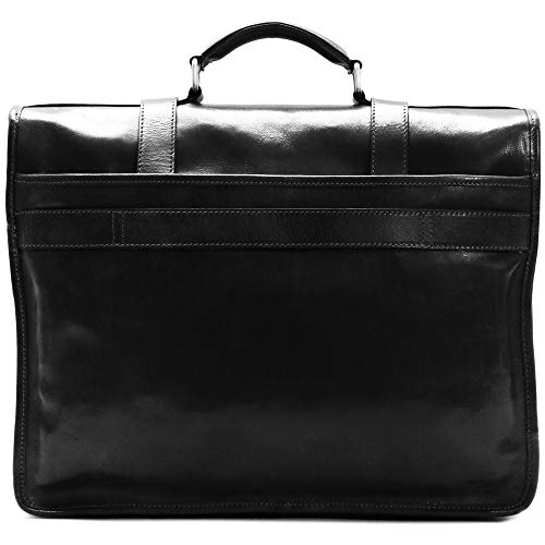 Floto Firenze Leather Buckle Strap Briefcase Messenger Bag - 1 Gusset (Black)