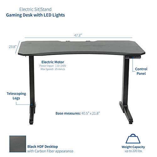 VIVO Black Electric 47 inch Height Adjustable Gaming Desk with Blue LED Lights, Ergonomic Home Office Computer Table Workstation, DESK-GME2B