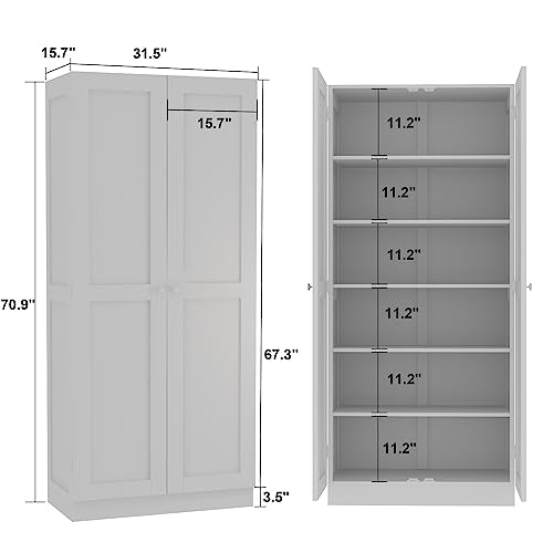 Homsee Tall 6-Tier Bookcase Bookshelf with Glass Doors, White - 31.5”L x 15.7”W x 70.9”H