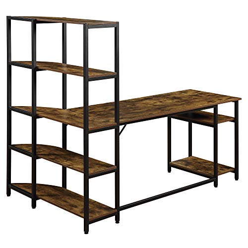 FURLKHY Home Office Computer Desk with 5 Tier Storage Shelves，Large Office Desk Study Writing Table Workstation with Corner Bookshelf and Tower Shelf（Brown）