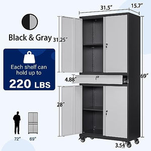 Yizosh Metal Garage Storage Cabinet with Locking Doors, Adjustable Shelves, and Drawer - 73" Steel Rolling Tool Cabinet