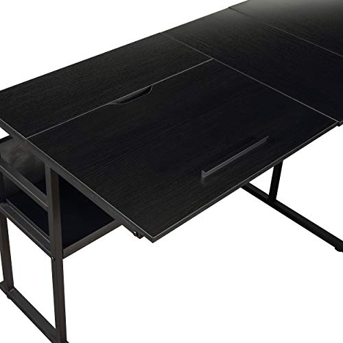 Merax L-Shaped Bottom Bookshelves, Multi-Function Drafting Drawing Table with Tiltable Desktop Desk, 59" L x 67" W x 29.5" H, Black