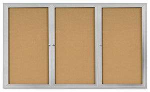 72 x 48 Inch Three-Door Enclosed Bulletin Board for Indoor Use, 6 x 4 Foot Cork Tack Board with Z-bar Wall-mounting Bracket, Silver Aluminum Frame