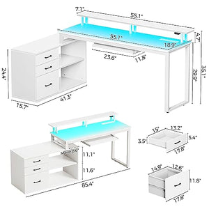 Rolanstar White L Shaped Computer Desk with Drawers, Power Outlet, LED Strip, and Keyboard Tray